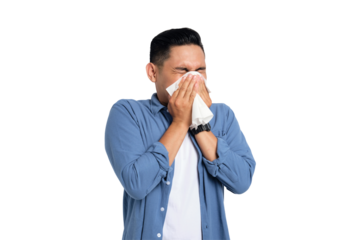 Unhealthy young Asian man in casual shirt blowing nose in paper tissue isolated on transparent background