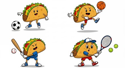 Cartoon taco characters playing sports