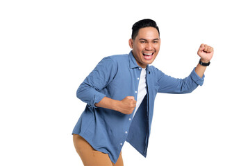Excited young Asian man in casual shirt doing running pose with happy facial expression isolated on transparent background