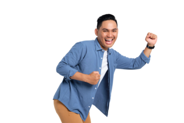 Excited young Asian man in casual shirt doing running pose with happy facial expression isolated on transparent background
