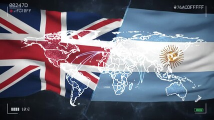 Global connectivity visualization between the united kingdom and argentina with animated world map and flags - Powered by Adobe