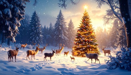 Naklejka premium Christmas tree glowing in snowy winter forest with animals nearby