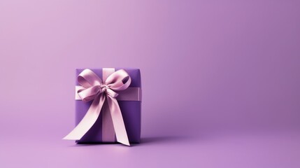 Purple gift box with pink bow ribbon on the  purple background