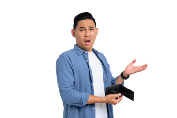 No money. Shocked young Asian man in casual shirt showing empty wallet, having financial problems isolated on transparent background