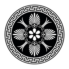 Greek round ornament. Black and white pattern on a white background. Greek pattern. Patterns of Greece and ancient Rome. Circle european border. Typical egyptian, assyrian, greek motives. For ceramics