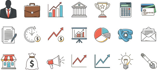 Assorted business icons arranged on a gradient background illustration