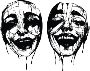 Vector illustration: Two grotesque laughing masks- dark art style- intense mood.