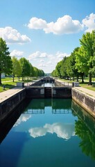 Tranquil Summer Landscape Closed Locks on a Calm Inland Waterway Reflecting Sky and Trees