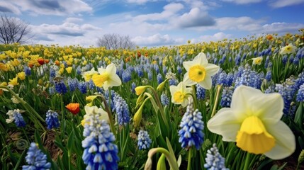 Spring flowers on green lawn, flooded with bright sunlight, blurred background