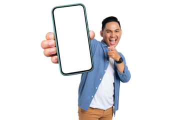 Excited young Asian man in casual shirt showing smartphone with blank screen isolated on transparent background