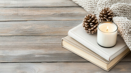 Fototapeta premium Cozy candlelight beside stack of books and pinecones creates warm atmosphere