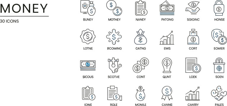 Collection of thirty money themed icons against a gradient background