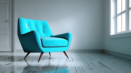 Modern blue chair in minimalist interior with white wall representing clean design, furniture style, and home decor