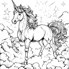 Majestic Unicorn Vector: Elegant Line Art- Celestial Cloudscape
