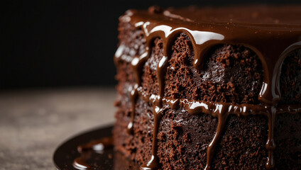 Close up of chocolate sauce drizzling onto slice of chocolate cake.