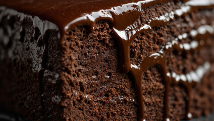 Close up of chocolate sauce drizzling onto slice of chocolate cake.