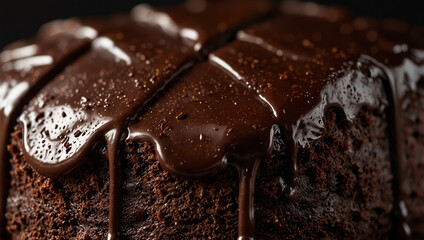Close up of chocolate sauce drizzling onto slice of chocolate cake.