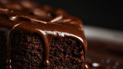 Close up of chocolate sauce drizzling onto slice of chocolate cake.