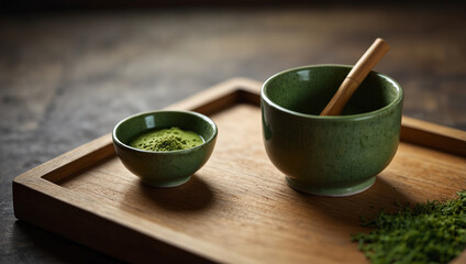 Matcha glass, Matcha tea brewing, Healthy drink, Traditional Japanese drink on a simple dark tone background.