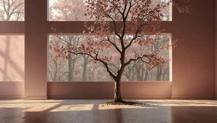 Pink Room Minimalist Plant Decor Serene minimalist scene featuring a blooming tree in a white pot against a pale pink wal.
