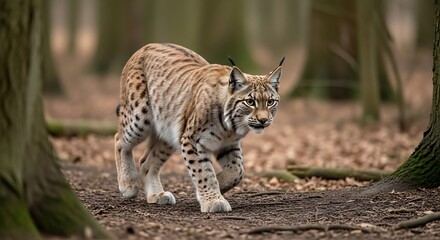 Obraz premium Elusive Lynx Prowls Through Autumn Forest Path.