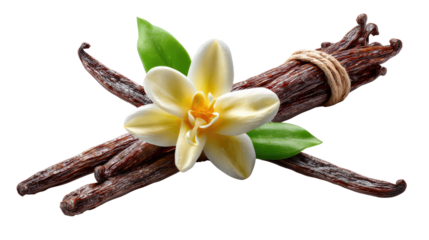 Vanilla Bean and Blossom: Aromatic vanilla beans and a delicate vanilla blossom lie intertwined, exuding a sense of warmth, sweetness, and natural fragrance.