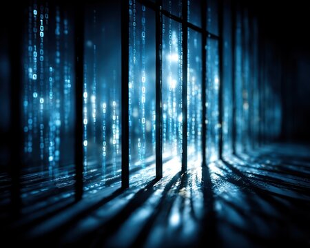 Dark city seen through a window grid with binary code