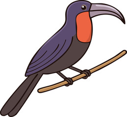 Cartoon illustration of a toucan perched on a branch.