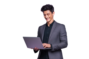 Smiling Young Man Working on Laptop on transparent background