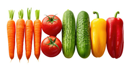 Fresh Produce Parade: A vibrant collection of fresh vegetables, including carrots, tomatoes, cucumbers, and peppers, are displayed, showcasing the colorful bounty of the garden. 