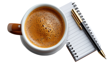 Morning Ritual: A top-down view of a rich cup of coffee alongside a notebook and pen, illustrating the perfect start to a productive day, and embracing the joy of focused thinking.