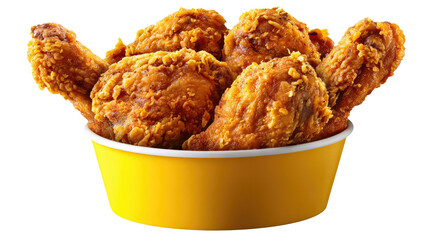 Golden Fried Chicken: A mouthwatering shot of freshly fried chicken pieces overflowing from a yellow container, evoking a sense of warmth, comfort, and irresistible flavor.