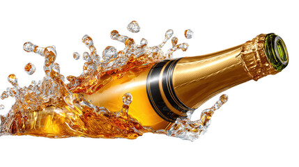 Champagne Splash: Champagne bottle bursts in an effervescent explosion of bubbles and golden liquid. A celebratory moment of effervescence, and celebration