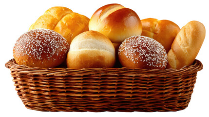 Assortment of Breads in Basket: A rustic wicker basket overflowing with a variety of freshly baked breads, including rolls, buns, and a baguette, showcasing golden-brown crusts and inviting textures.