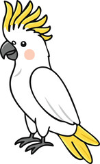 A cartoon illustration of a white cockatoo bird with yellow crest and tail, standing.