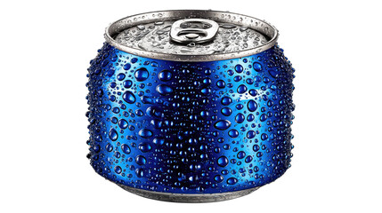 Chilled Blue Beverage Can: A close-up shot showcases a refreshing aluminum can of a vibrant blue beverage, adorned with glistening droplets of condensation, highlighting its icy coolness.