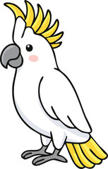 Cartoon illustration of a white cockatoo with a yellow crest standing and looking to the left.