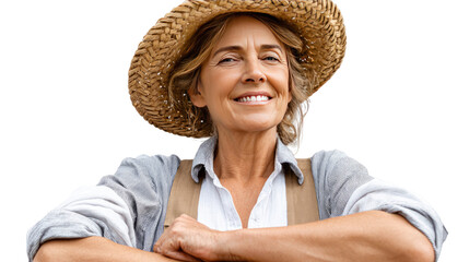 Smiling Farm Woman: A portrait of a cheerful farm woman, exuding warmth and contentment as she smiles. Wearing a straw hat, she emanates the rustic charm of a life dedicated to the land.