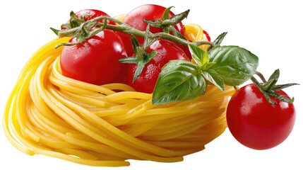 Spaghetti and Fresh Ingredients: A vibrant presentation of perfectly cooked spaghetti, adorned with ripe cherry tomatoes, basil, offering a feast for the eyes.