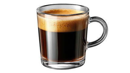 Espresso in Glass Mug: Rich, dark espresso in a clear glass mug with a handle. The crema is visible on top. Perfect for coffee lovers and cafes.