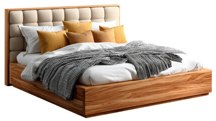 Modern Bedroom Sanctuary: A beautifully crafted wooden bed with an upholstered headboard, adorned with plush pillows and a cozy blanket, evokes a sense of comfort and tranquility.