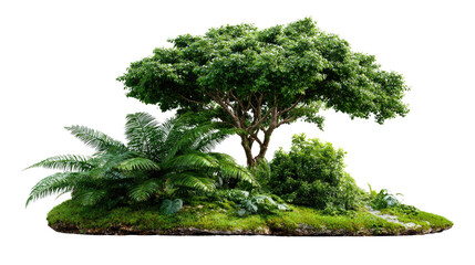 Lush Miniature Island: Verdant plant life bursts forth from a miniature island, a tranquil scene with vibrant green foliage, lush grasses, and varied textures, creating a serene, isolated paradise.