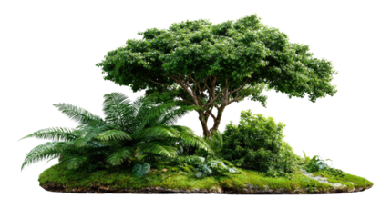 Lush Miniature Island: Verdant plant life bursts forth from a miniature island, a tranquil scene with vibrant green foliage, lush grasses, and varied textures, creating a serene, isolated paradise.