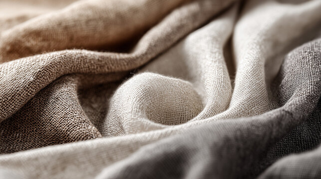 Close up of natural linen fabrics in neutral tones, showing soft texture and organic material, perfect for textile design, home decor, eco friendly lifestyle and minimal aesthetic.