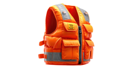 Safety Vest: An eye-level view showcases a vibrant, reflective orange safety vest, meticulously designed to ensure visibility and protection in various occupational settings.