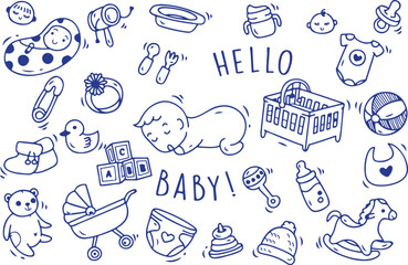 Baby Shower Doodle Vector | Hello Baby, Bottle, Toys, Hat, Bib, Diaper, Newborn Elements