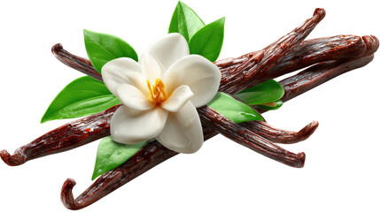 Vanilla Beauty: A close-up captures the fragrant essence of vanilla with its rich brown pods, verdant leaves and delicate flower, celebrating nature's aromatic gift.