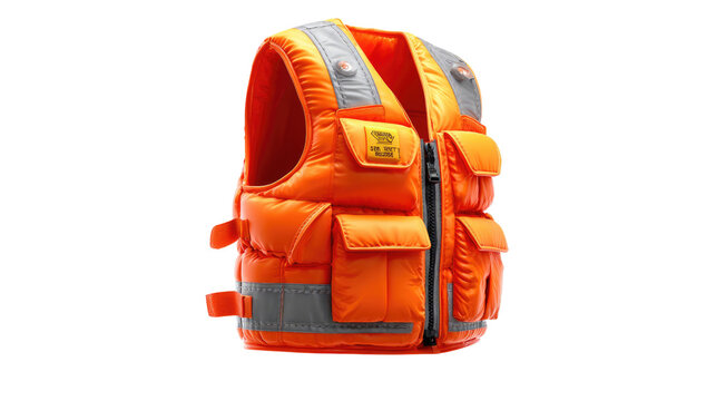 Safety Vest: An eye-level view showcases a vibrant, reflective orange safety vest, meticulously designed to ensure visibility and protection in various occupational settings.