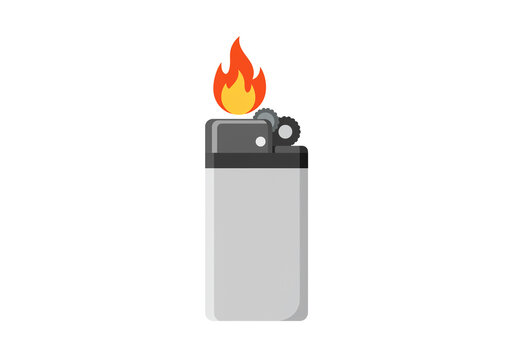 A simple illustration of a gray lighter with a bright orange flame on a white background image
