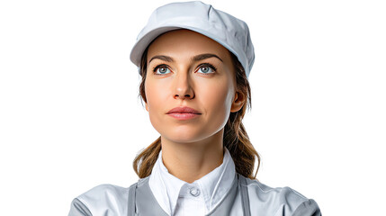 Focused Worker in White Cap: A young woman with light brown hair, wearing a white cap and collared shirt, gazes thoughtfully upward. Her expression is serious and contemplative.